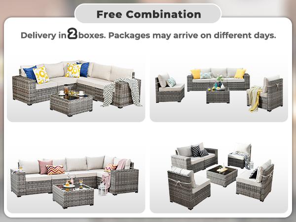 【2 Packages Shipping】Ovios 6-Piece Outdoor Patio Sectional Sofa Set with Deep Seat Cushions, Modern Modular Wicker Rattan Conversation Set for Backyard Patio Porch Deck Garden Balcony Outdoor Seating