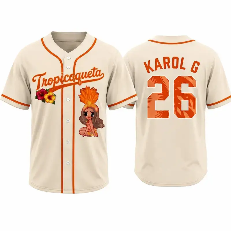 Tropical Music Baseball Jersey, Orange Beige Button Up Shirt for Men & Women, Latin Rhythm Inspired Fan Apparel