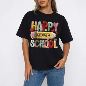 Happy 100 Days of School Shirt, Unisex 100th Day Party Tee with Cute Pencil & Heart Graphic, Teacher Group Matching Outfit, Funny Education Staff Appreciation Gift