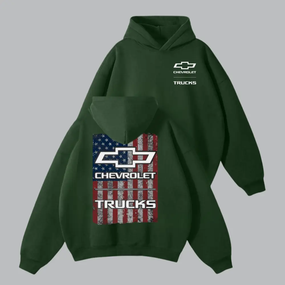 Chevrolet Trucks American Flag Hoodie – Distressed USA Flag Graphic Hoodie, Chevy Logo Pullover, Classic Fit Unisex Truck Lover Apparel