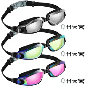 3 Pack Swimming Goggles Anti Fog No Leaking Silicone Adjustable Swim Glasses with Nose Clip and Ear Plugs for Adult Men Women Youth Water Pool, 3 Colors, Replaceable Nose Bridge