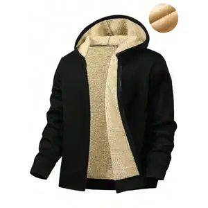 Autumn and Winter Men's Hooded Zipper Fleece Jacket Black with Shearling Lining Super Warm Large Pocket Design Practical Casual Versatile Suitable for Everyday Outings fleece-lined men casual outdoor daily wear