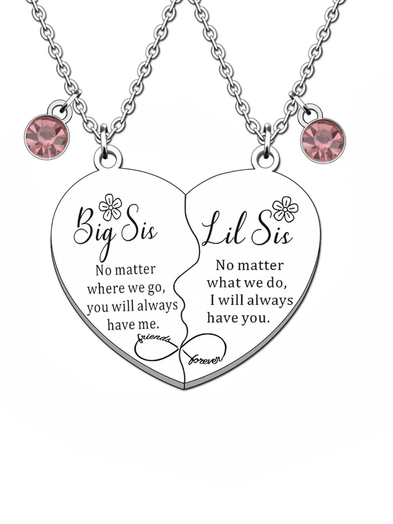 Mother's Day Gift Big Sis Little Sis Letter Pattern Heart Shaped Pendant Chain Necklaces, Love Heart Necklace, Rhinestone Decor Necklaces for Sister, Fashion Jewelry Accessories for Women As Gift, Stainless Steel Necklaces, Jewelry Gifts