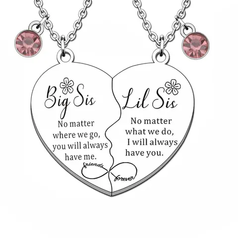 Mother's Day Gift Big Sis Little Sis Letter Pattern Heart Shaped Pendant Chain Necklaces, Love Heart Necklace, Rhinestone Decor Necklaces for Sister, Fashion Jewelry Accessories for Women As Gift, Stainless Steel Necklaces, Jewelry Gifts