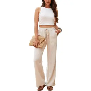 Women Linen Pants High Waist Adjustable Drawstring Closure Flowy Loose Fit Wide Leg Lightweight Breathable Soft Fabric Trousers with Side Pockets for Summer Beach Vacation Travel Lounge Homewear Work Casual Daily Outfits Comfortable 2025 Trendy Look