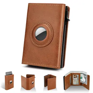 Portable Leather Smart Wallet RFID Blocking Slim Minimalist 6-9 Card Capacity ID Window Cash Slot Ultrathin Design for Everyday Carry with Pop-Up Card Case & Secure AirTag Holder
