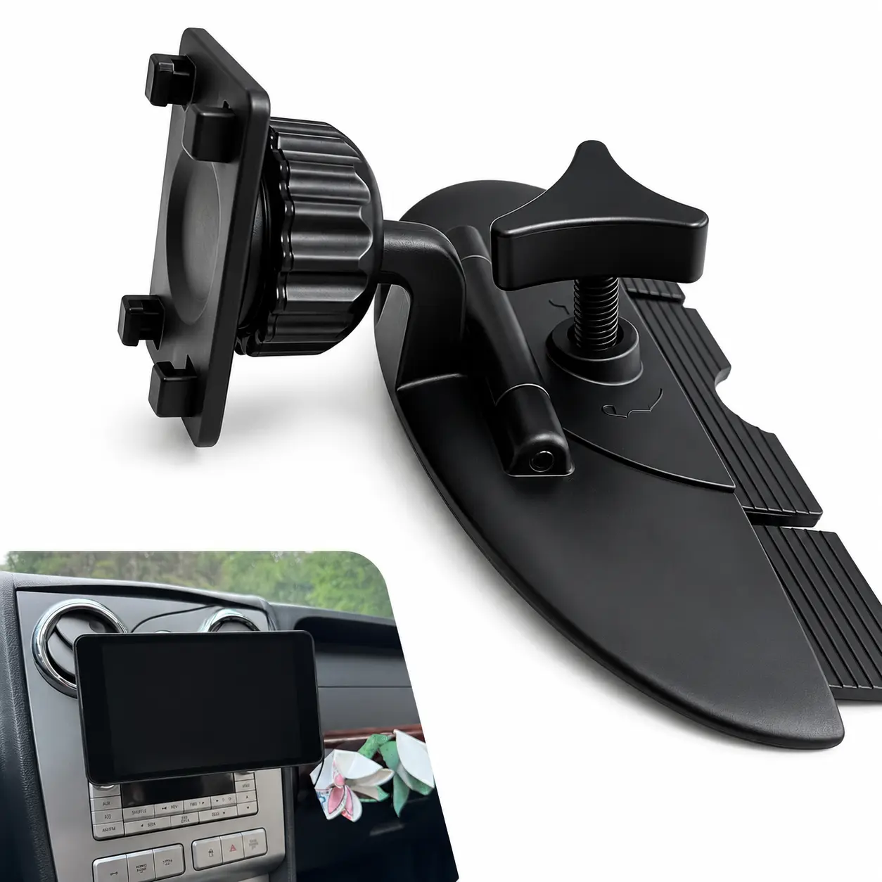 Universal CD Slot Car Phone Mount - 360° Rotatable Bracket with 4-Button Secure Lock, Anti-Shake Hands-Free Accessory for CarPlay Navigation Screens & Cell Phones