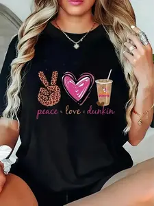 Women's Black Graphic T-Shirt - Funny "Peace Love Dunkin'" Coffee Cup Design - Soft Breathable Cotton Everyday Tee for Dunkin' Fans, Casual Outfits & Lounge Wear - Machine Washable Everyday Essential, Ladies T Shirts, Summer Party Top, Playful Print Shirt