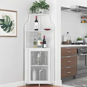 Garvee 61-Inch Tall Farmhouse Corner Bar Cabinet with Detachable Wine Rack, Industrial Style Wine Cabinet Featuring Glass Holder, Adjustable Shelves and Feet for Dining Room, Living Room, and Kitchen in Washed Finish