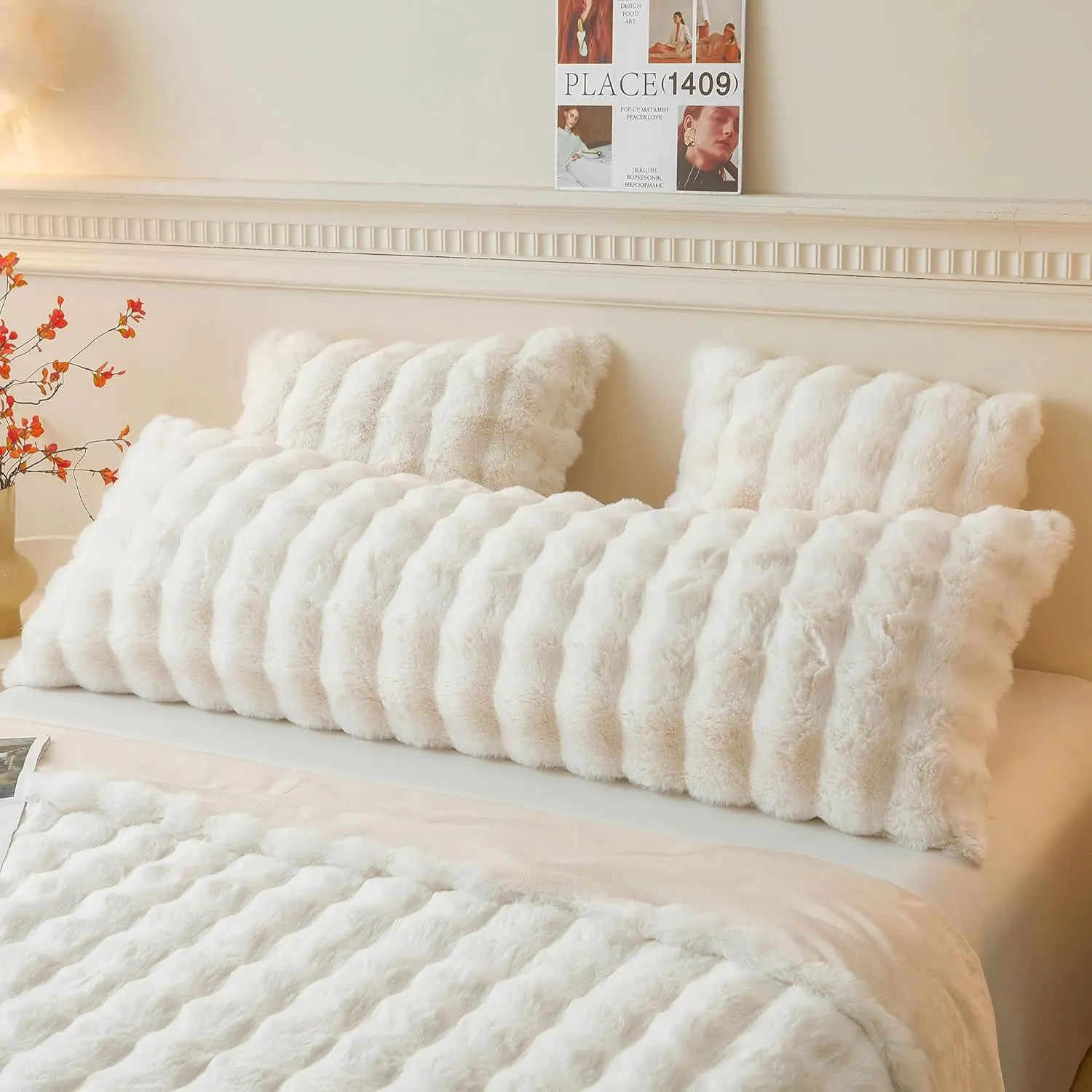 Fluffy Faux    Pillow Cover, Luxury  Bubble Shaggy Plush Bed  Pillowcase with Zipper Closure, Long 20"x54" Fuzzy Furry Pillow Case for Adults  Girls Teens, Beige