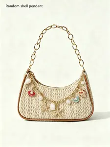 Vacation style practical texture woven armpit bag, Casual Shoulder Bag, starfish shell pearl pendant, chain shoulder strap design, fashionable retro light luxury seaside style, versatile beach date item, full of atmosphere