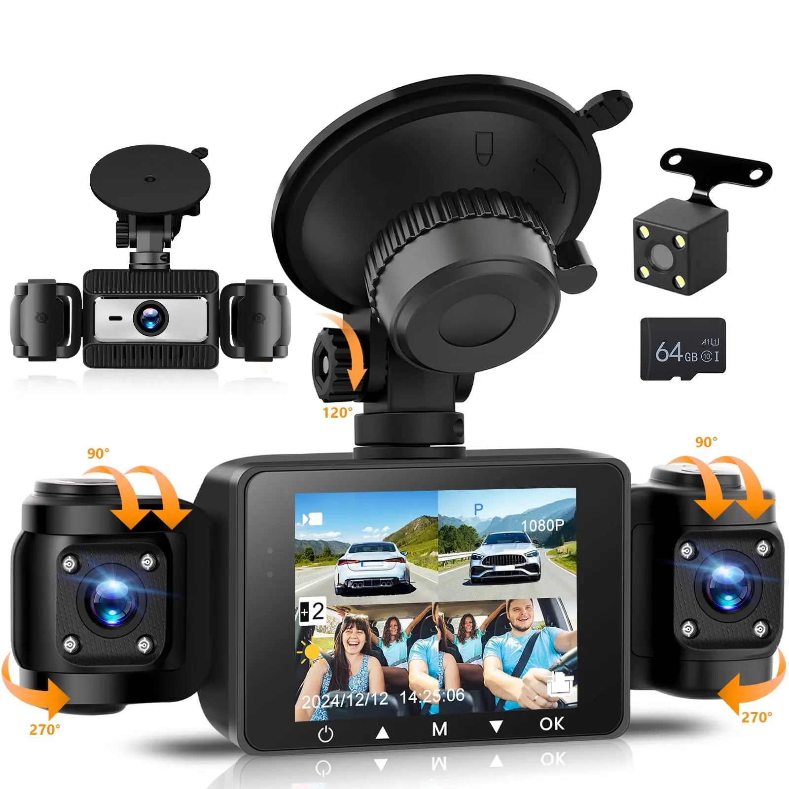 4 Channel 360° Dash Cam with 64GB TF Card, 1080p Car Camera IR Night Vision, Loop Recording, G-Sensor, 24H Parking Monitor