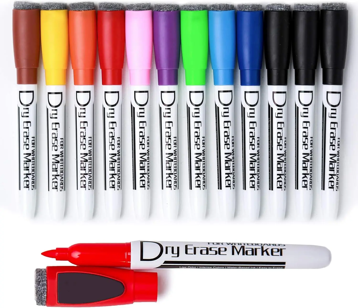 Dry Erase Markers, 12-Pack 10-Color Fine Tip Whiteboard Pens with Eraser Cap, Low Odor, High Visibility, Quick-Dry, Smooth Roll for Whiteboards, Bold Colors, Classrooms