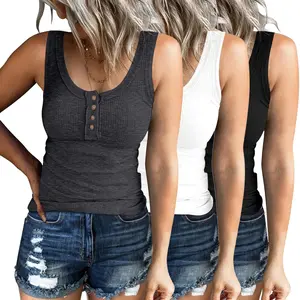 SUNBS 3 Pack Women Tank Tops Ribbed Summer Sexy Sleeveless Basic Cami Top Trendy Slim Henley Button Down Blouses 2025