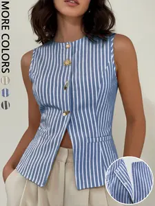 Women's Casual Striped Sleeveless Vest, Fitted Design, Perfect for Everyday Wear, Stylish and Comfortable, Ideal for Spring and Fall, Womenswear