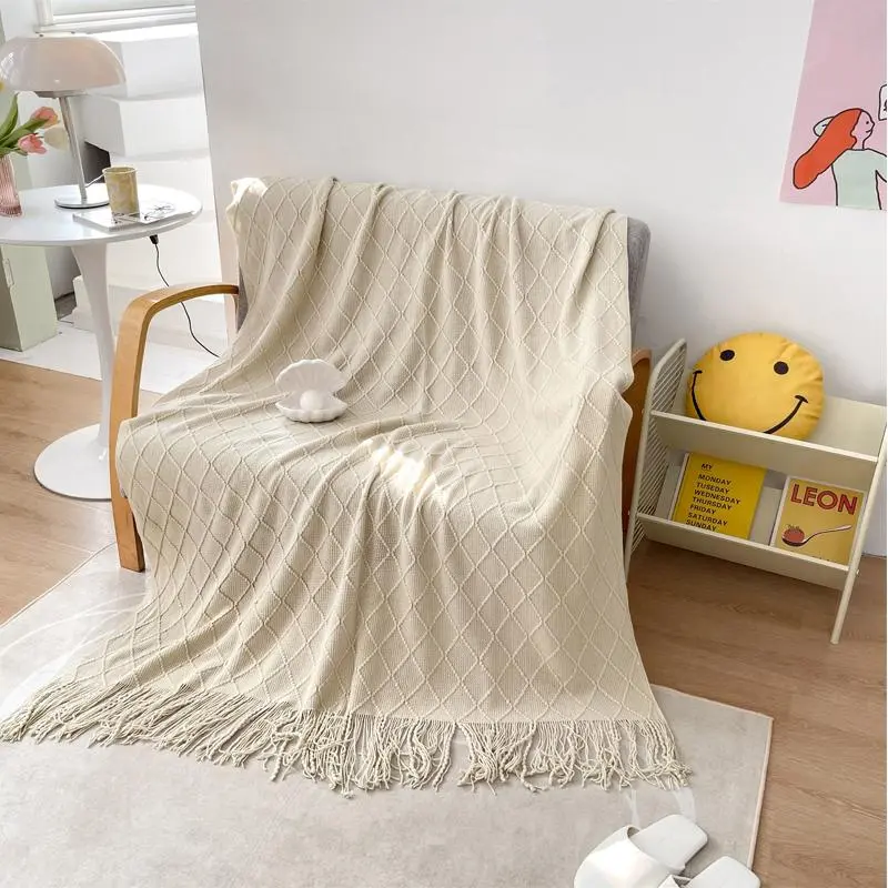 Solid Color Geometric Textured Throw Blanket, Soft Throw Blanket with Tassel Decor, Air-conditioned Room Blanket, Warm Nap Blanket for Home Office Travel, Cozy Throw Blanket