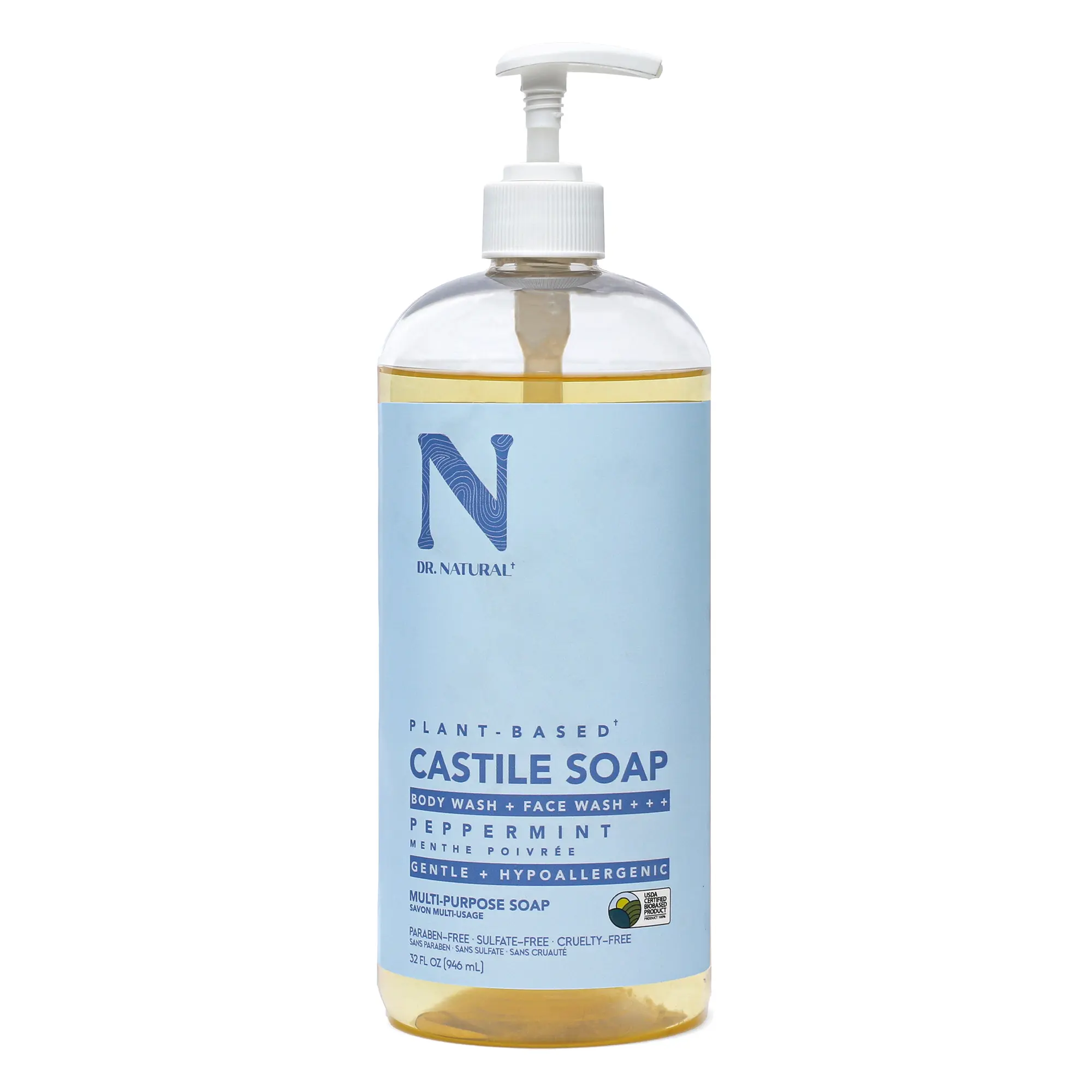 Dr. Natural Peppermint Castile Liquid Soap, Multi-Use Body Wash, Shampoo and Face Wash - 32 oz