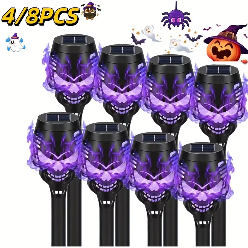 4/8 Pack Halloween Spooky Skulls Solar Torches Lights Flickering GardenTorches, Garden Lawn Lamp