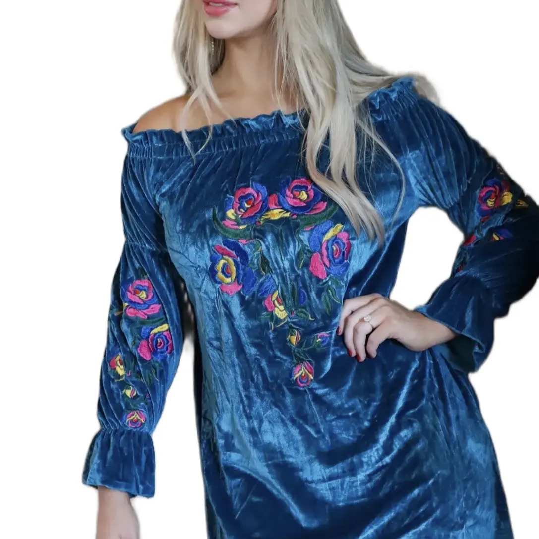 Rio Grande Embroidered Velvet Tunic Dress-Blue Floral Casual short party