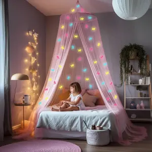 Pink for Girls Bed with Pre-Glued Glow in The Dark Unicorns - Net Room Decor - Kids & Baby Bedroom Tent with Galaxy Lights - 1 Opening Bed & Kit Included