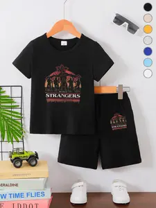 Summer Boys' T-Shirt Short Sleeve & Loose Shorts Set, Outdoor, Fun, Stranger Things Print, Cartoon Style, Casual Fit, Comfortable Summer