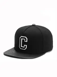 1 black flat-brim baseball cap-college style letter C embroidered PU leather hat brim with street fashion brand flat-brim hat for men and women, suitable for spring and autumn travel, beach vacation, and giving gifts in spring.