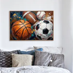 Wall Art Painting  Sports Ball Collection Artwork Canvas Print Poster Living Room Bedroom Home Office Match Party Sports Decor, with Wooden Floating Frame Size 24X18inch