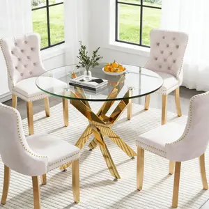 36" Small Glass Dining Table for 4,Modern Kitchen Table with Golden Metal Tubular Legs & Clear Tempered Glass Top,Space-Saving Round Dinner Table for Kitchen,Dining Room & Apartment