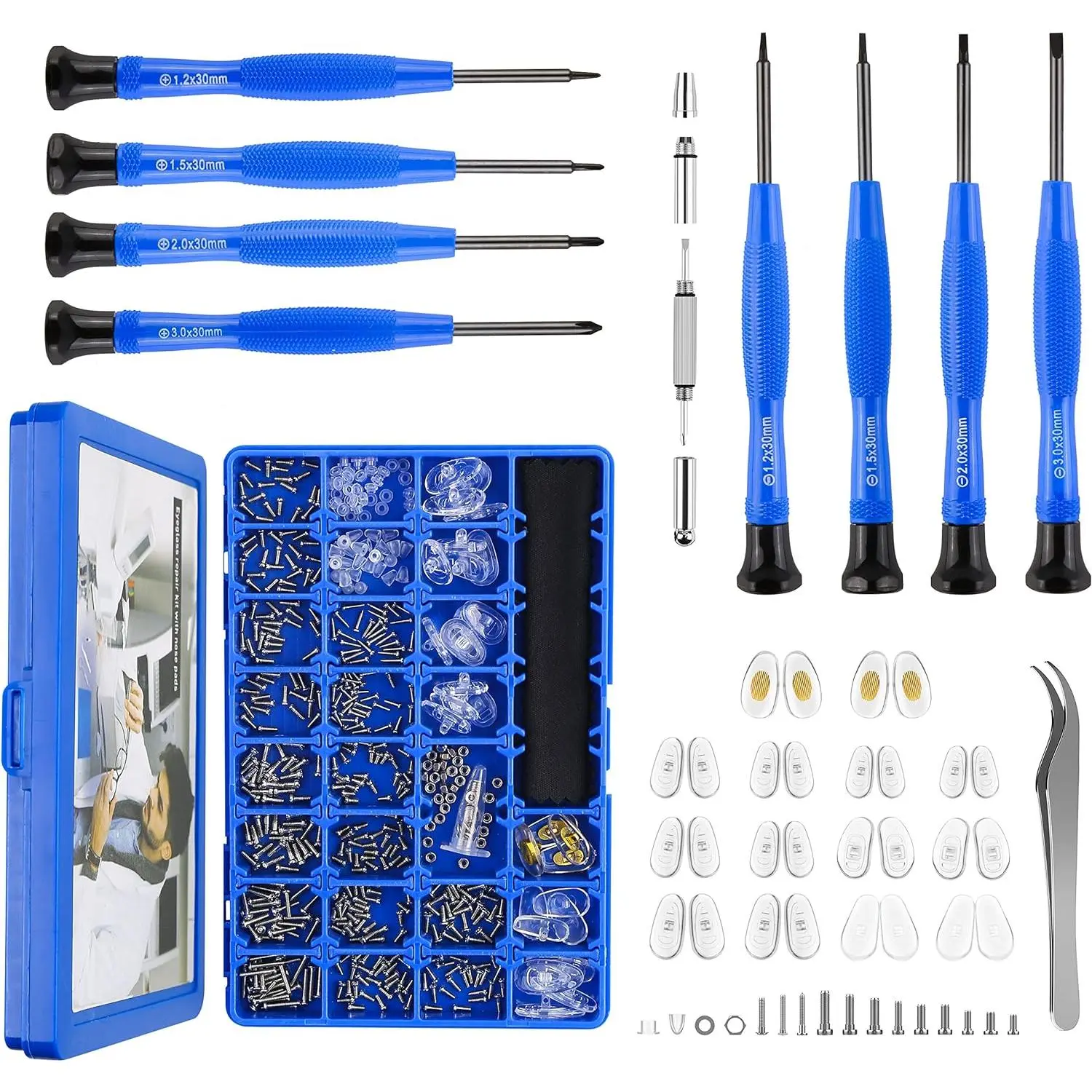 Upgrade Version Eye Glass Repairing Kit, Eyeglass Repair Tool Kit with Compact Screw Box Include Nose Pads, Precision Set, Screws, Tweezer for Eyeglass, Sunglass, Spectacles Watch