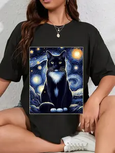 100% Cotton Unisex Tuxedo Cat Starry Night Shirt Van Gogh Painting Cat Lover T-Shirt
