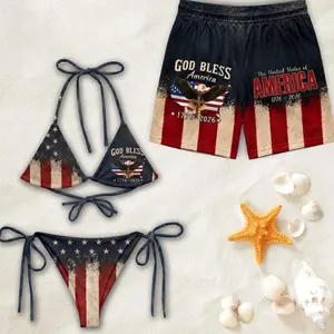 [Hot Summer] Couple Swimsuit Set "God Bless America," Bikini tops printed with the patriotic American flag 1776-2026, Independence Day commemorative gift.