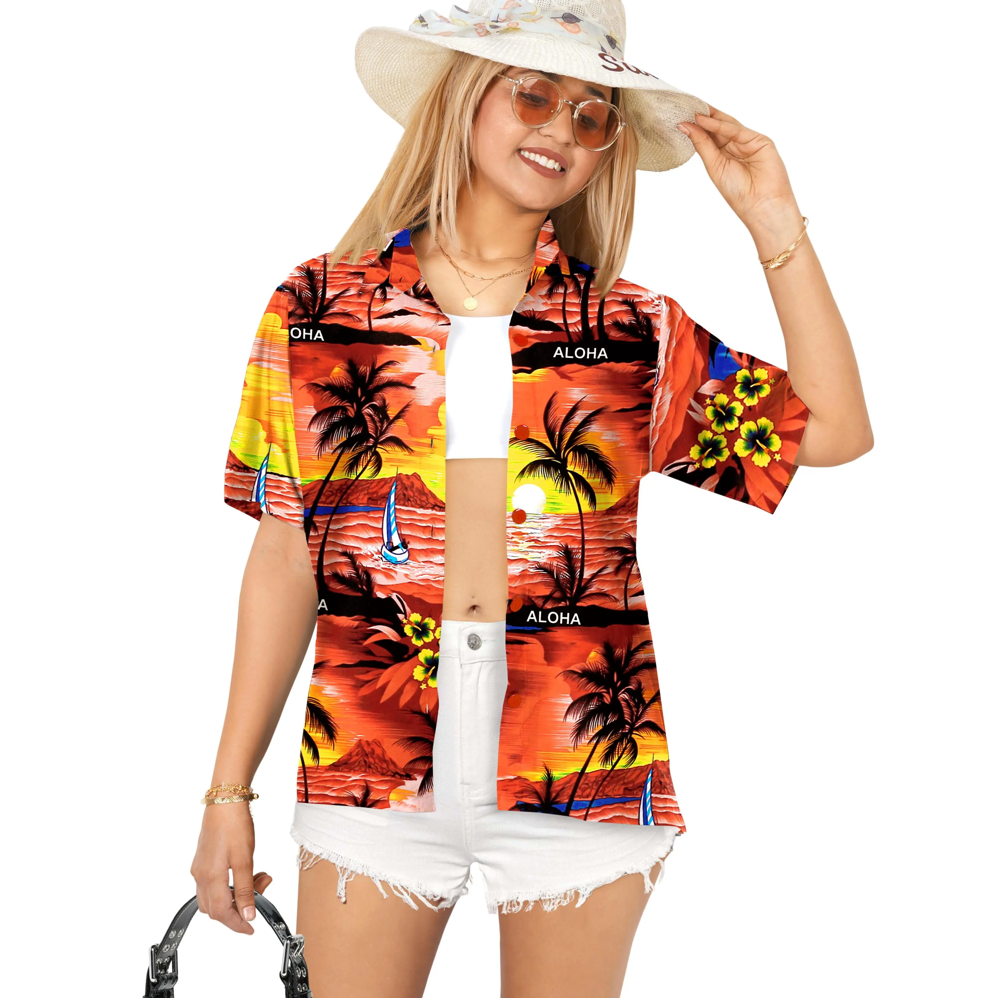 LA LEELA Women's Beach Hawaiian Summer Shirt Button Down Short Sleeve Blouse Tops Casual Hawaii Party Shirts for Women