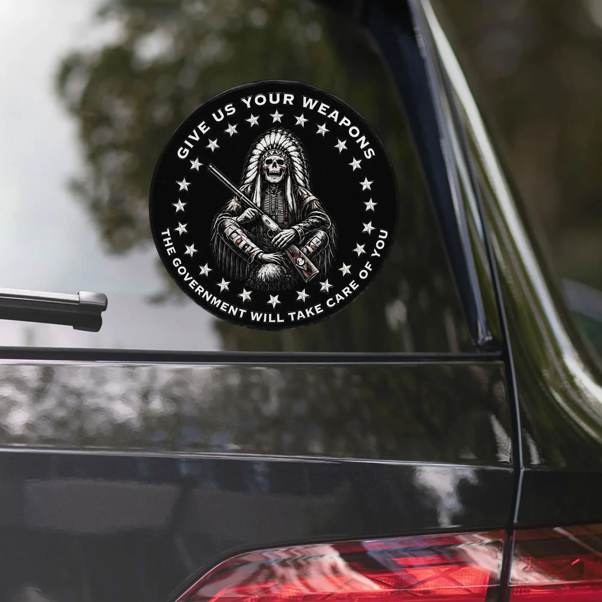 2A Pro Gun Die Cut Vinyl Sticker, Native American Chief Skeleton Skull Rifle Headdress Decal, Waterproof Car Tumbler Truck Window Decor