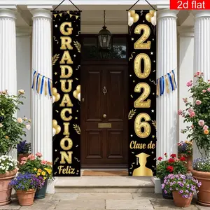 2D Flat Banner Set, 2 Pieces, Spanish Graduation Happy Sign for Front Door Porch Party, Gold Theme, Polyester Material