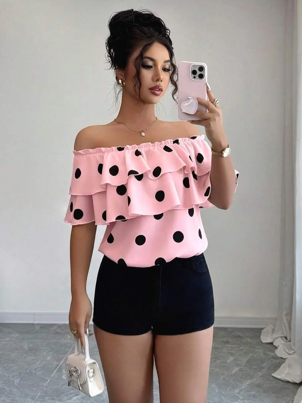 Polka Dot Top Print Tiered Ruffle Off Shoulder Short Sleeve Blouse