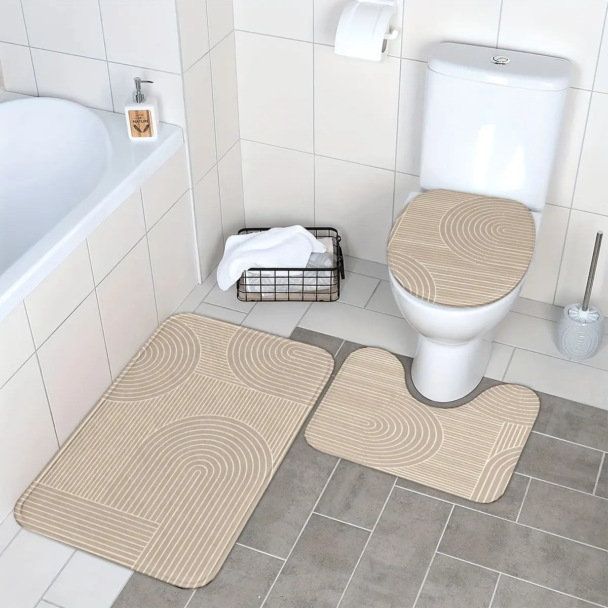 Nordic Style Bathroom Carpet 3pcs Set, 3pcs Bathroom Bath Mat, Kitchen Bathroom Bedroom Anti-slip Washable Floor Carpet Decoration, Set Includes Bath Mat, Contour Mat and Toilet Seat Mat