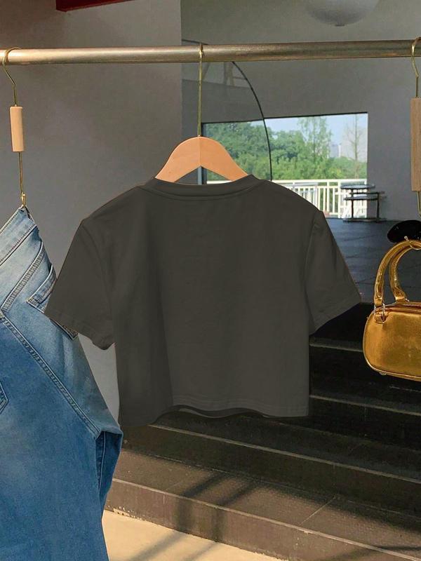 Women's "thanks It's The Trauma" Print Round Neck Crop Tee, Fashion Casual Crew Neck T-shirt for Daily Holiday Vacation Outdoor Wear, Ladies Clothes for Summer, Top