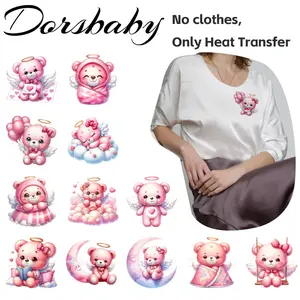 12 Pack Pink Angel Teddy Bear DIY Iron on Transfer Stickers for T Shirts Jackets Jeans Hats Heat Transfer Decals for Clothes Crafting
