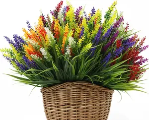 24 Bundles Artificial Plants Outdoor UV Resistant Fake Lavender Flowers Faux Monkey Grass for Wedding Porch Garden Decoration