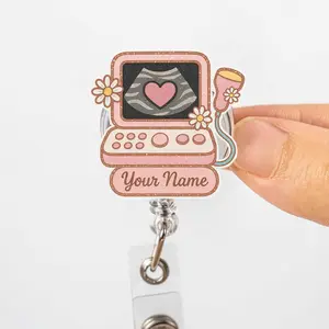 Custom Ultrasound FAUX Glitter Badge Reel, Sonographer ID Holder, OB Tech Name Tag, Cute Pink Badge Clip, Baby Heart Monitor Badge