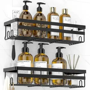 Adhesive Shower Caddy Shelf, Hanging Bathroom Organizer, No Drilling Stainless Black Shelves for Storage & Home Decor Self Adhesive Black Bathroom Shelves - Rustproof No-Drilling Stainless Steel Shower Storage Caddy Shelf Organizer Rack