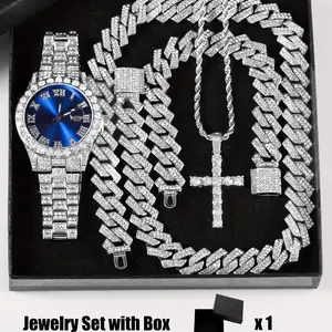 [4pcs/set Rhinestone Watch Jewelry] 4pcs/set, Men's Rhinestone Wrist Watch & Cross Pendent Jewelry Set, For Men/Women