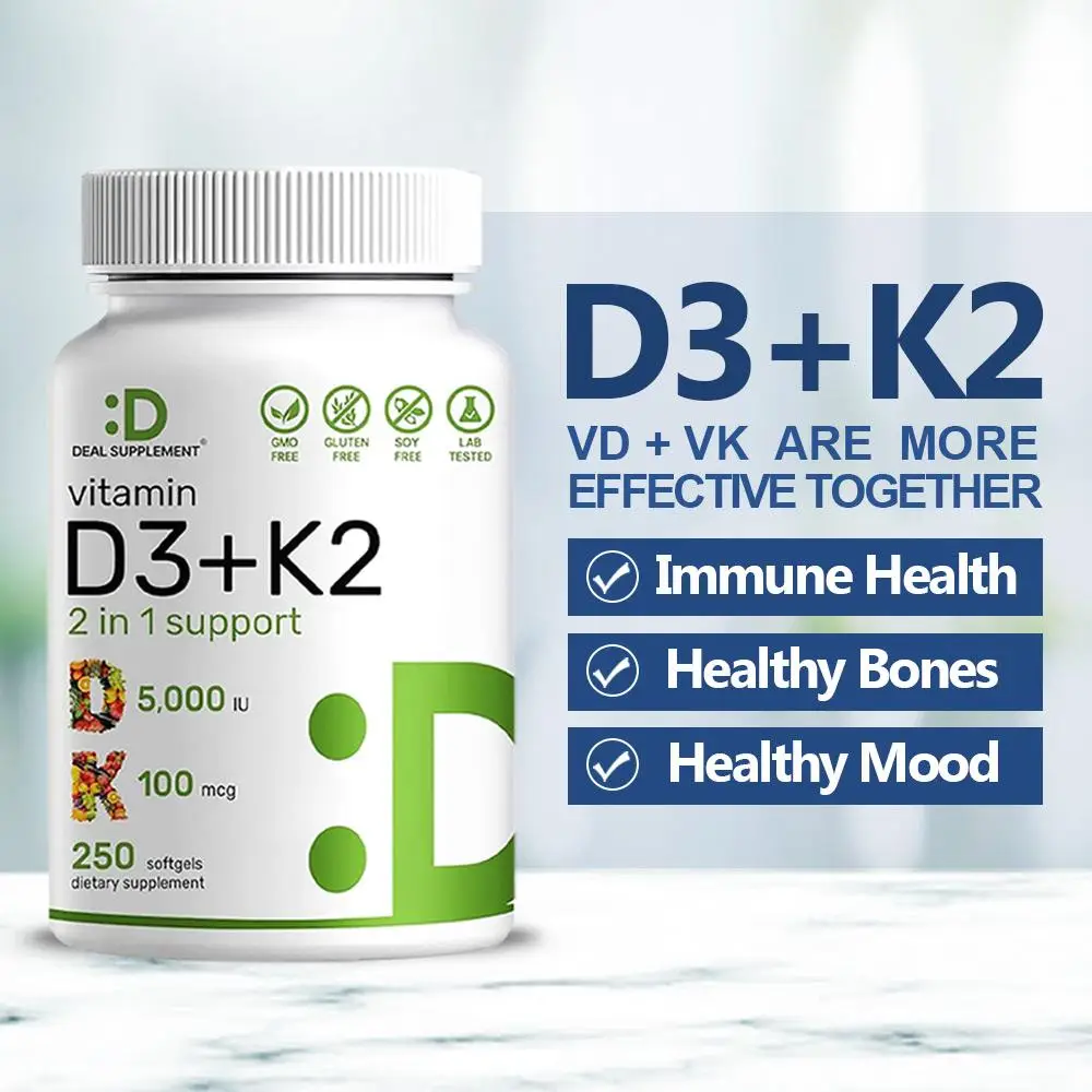 Deal Supplement Vitamin D3+K2 | Immune Support | Bone Health | Healthcare Dietary | 250 Veggie Softgels Natural Flavors Gluten Free Effervescent Tabl