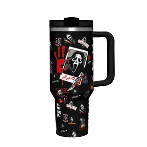 1 Black Travel Mug with Scream-Inspired Design, Double-Sided Print, Stainless Steel and Plastic Construction, Featuring Ghost Face Masks, Blood Handprints, and Horror Quotes.