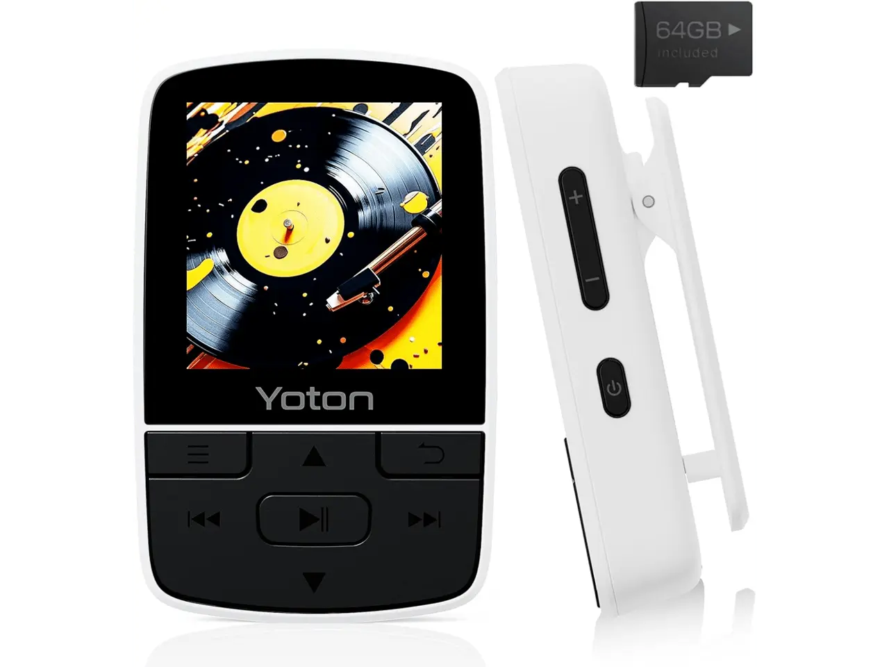 YOTON MP3 Player with Bluetooth 5.2, 64GB Storage Included, Mini Size, HiFi Music, with Sports Clip, Independent Volume Control, FM Radio, Includes Headphones, White