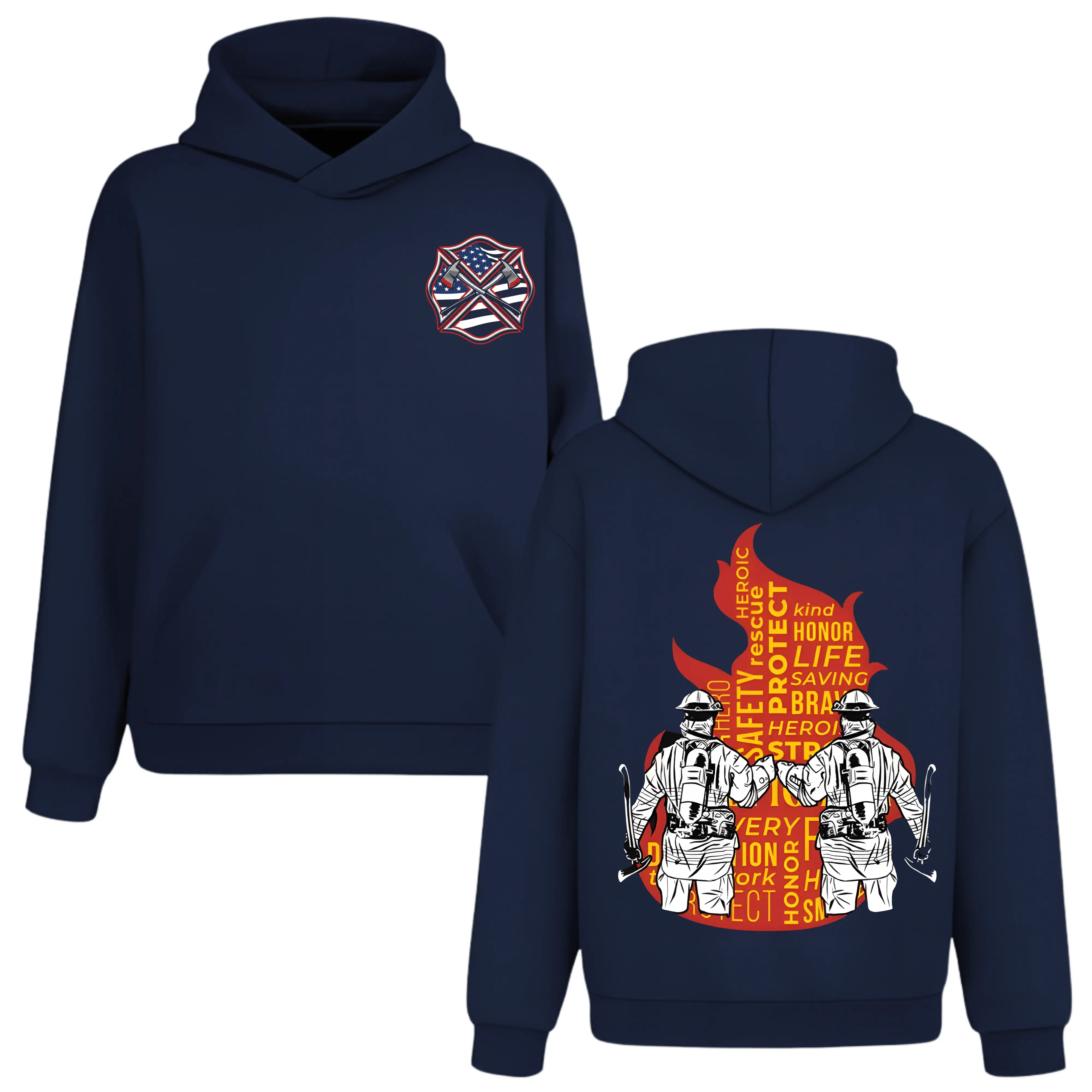 Heroic Firefighter Flame Word Cloud Hoodie, 2 Sides, First Responder Brave Rescue Fireman Jumper