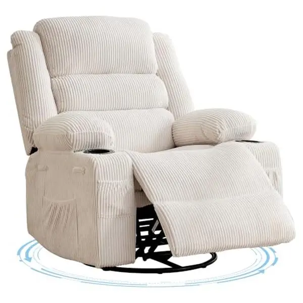 Recliner Chair for Adults 360° Swivel Manual Recliner | Soft Corduroy Upholstery with Built-In Cup Holder and Side Pockets for Living Room Bedroom and Nursery