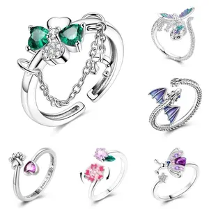 Clover Adjustable Ring 925 Sterling Silver Original Rotating Cherry Blossom Flower Open Rings For Women Wedding Jewelry Gift