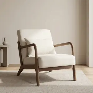 Midcentury Modern Retro Vintage White Accent Armchair - 30.7x23.2x13.7in Antique White Cotton Linen Upholstered, Wood Frame, Waist Cushion, 250LBS High Density Sponge Supportive Reading Chair for Living Room, Bedroom, Midcentury Modern Armchairs, Retro Ar