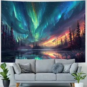 1 piece, Aurora Forest Starry Lake Reflection Landscape Tapestry Living Room Bedroom Dormitory Home Decor - Landscape Theme Polyester Woven Wall Hanging Indoor Use No Electricity